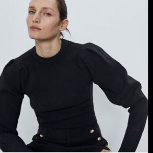 Zara mock neck, balloon sleeve black knit top size M